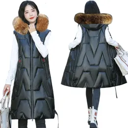 Kadın yelek kış kapüşonlu kürk yelek kadın uzun ceket puffer 2023 Kore su geçirmez dış giyim kadın kolsuz ceket 231124