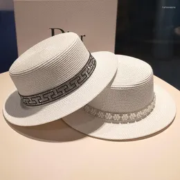 Wide Brim Hats QPALCR Summer Sun For Women White Ribbon Flat Top Straw Beach Hat Boater Caps Lady's Fedoras Travel Cap