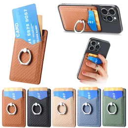 Metal Ring Holder Carbon Fiber Universal Back Phone Leather Cases For Iphone 15 14 13 12 11 XR S24 S23 S22 S21 Note 20 Card Slot Pocket 3M Sticker Stick On Phone Cases