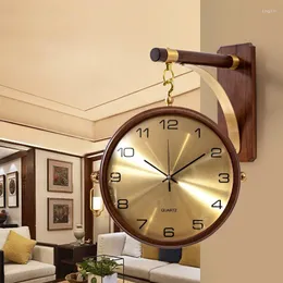 Wall Clocks Luxury Double Sided Clock Metal Silent Rotating Solid Wood Watch Modern Large Nordic Horloge Room Decor FY15YH