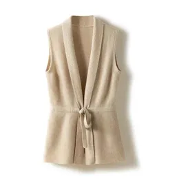 Maglioni Temperamento Scollo a V Cintura Pura lana Donna Maglione Cardigan Senza maniche Clip allentata Languido Gilet pigro 100