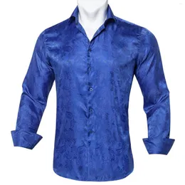 Men's Dress Shirts Men's Shirt Soft Silk Polyester Long Sleeve Royal Blue Paisley Business Casual Button Down Collar Men Clothing