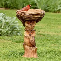 Tillförsel harts Owl and Birds Bird Bath Garden Yard Lawn Ornament Bird Feeder