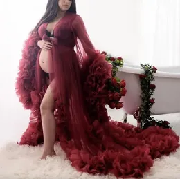 Burgundy Lush Tulle Robe Maternity Dress Long Puffy Sleeves Ruffled See Through Bridal Dresses Photo Shoot or Baby Shower Bathrobe Sleepwear