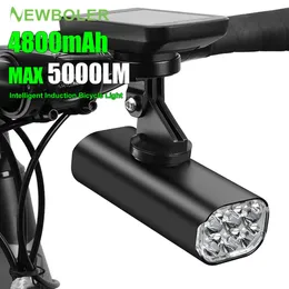 Luci per bici NEWBOLER 5000LM Luce per bici a induzione intelligente Lampada anteriore MTB USB ricaricabile 6 LED 4800mAh Luce per bicicletta Faro impermeabile P230427
