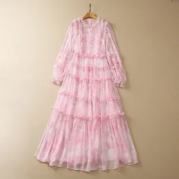 2023 Vestido de chiffon com painéis florais rosa / azul de verão / azul vestido de manga longa em cola redonda midi vestidos casuais s3a240420