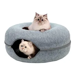 Mats Donut Cat Tunnel Bed Pets House Natural Felt Pet Cat Cave Toys Round Wool Felt Pet Bed For Small Dogs Cat Interactive Play Toys