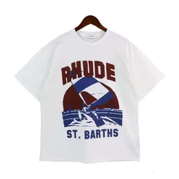 디자이너 패션 의류 남성 티 TSHIRT RHUDE 23 봄/여름 새 일몰 해장 편지 인쇄 캐주얼 티셔츠 하이 스트리트 느슨한 면화 소매 남자 여자