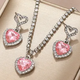 Beaded Necklaces Pink Powder Shiny Crystal Peach Heart Pendant Earrings Necklace Jewelry Set for Women Engagement Wedding Bride Accessory 231124
