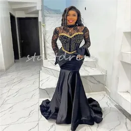 Luxury Black Gold Mermaid Evening Dress Nigeria African Illusion Long Sleeve Lace Prom Dress For Black Girls High Neck Fishtail Dress Promdress For Birthday Party