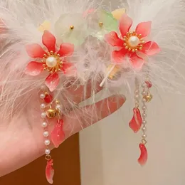 Hair Accessories Ribbon Children Red Hairpin Feather Tassel Chinese Year Headwear Ancient Tang Suit Clip Hanfu