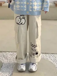 Damesbroek Harajuku Kawaii Wit Corduroy Zoete Cartoon Borduren Wijde Pijpen Cargo Broek Oversized Japanse Stijl Pantalon