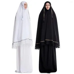 Etniska kläder formella muslimska bönplagg sätter kvinnor hijab klänning abaya islamisk kalkon spets namaz long khimar jurkken djellaba abayas