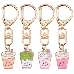 Keychains Simple Lady Keychain Red Green Multicolor Valfri Pearl Milk Tea Cup Shape Alloy Pendant Söt tjej Fashion Jewelry Gift