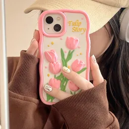 Koreańskie urocze 3D Pink Tulip Flowers odporny na szok silikonowy obudowa na telefon iPhone 15 14 13 12 11pro Max Ochrona Ochrony