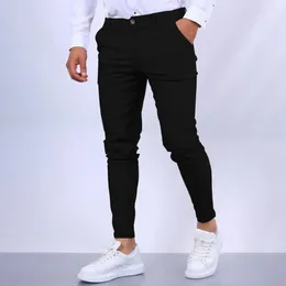 Calças masculinas cor sólida elegante fino ajuste lápis respirável estilo de negócios calças com tecido macio bolsos convenientes zip