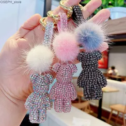 Anahtar Yüzükler Alta Qualidade Pompom Urso Strass Chaveiro Hayvan Strass Pulseira de Couro Chaveiro Carro Bolsa Pingente Presente J230427