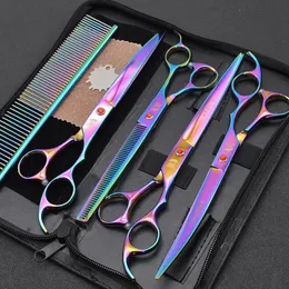 Tesoura 7 polegadas tesouras de pet hrowoming 7pc/conjunto de cabelos Scissors curvos de tesoura reta Corte de dentes peixes ósseo de tesoura Profissional Pets Produto