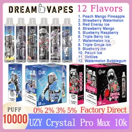 Oryginalny Uzy Crystal Pro Max 10000 Puff Ujeżdżalne E papierosy 1,2OHM Cewka z siatki 16 ml stązyka do ładowania Vape Pen 10k Puffs 0% 2% 3% 5% RGB Light 12 Smaki