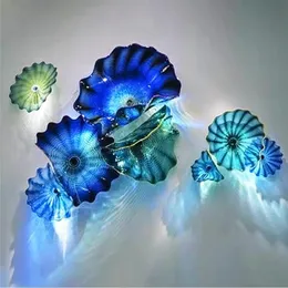 モダンな抽象ガラスウォールアートムラーノガラス花の壁アートブルーカラーの手吹きムラーノガラスハンギングウォールアートプレート