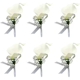Kwiaty dekoracyjne Calla lilia biały boutonniere ręcznie robiony Picasso Silk Flower z wstążką Corsage na ceremonię przyjęcia weselnego panny młodej