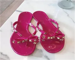 fashion Woman Summer Sandals Rivets big bowknot Flip Flops Beach Sandalias Femininas Flat Jelly Designer Sandals whole2068994