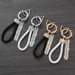 Key Rings Crystal Anti-lost Luxury Leather Keychain Women Men Buckle Car Key Ring Chain Holder Phone Number Tag Keyfob Jewelry J230427
