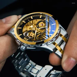 Zegarek na rękę Weiguan Gold Automatyczne zegarek Mężczyźni Pasek ze stali nierdzewnej Szkieletowe zegarki mechaniczne górne wskaźniki 6018