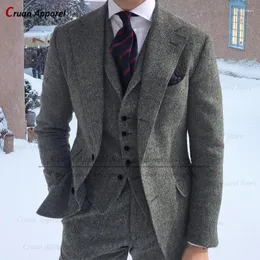 Ternos masculinos espinha de peixe terno masculino 3 peças formal negócios tweed smoking para feito sob medida retro casamento jaqueta colete calças conjunto