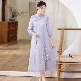 Sıradan elbiseler Çin tarzı örgü işlemeli cheongsam uzun gelişmiş yaz elbisesi retro mizaç gevşek etnik kadınlar için