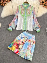 Klänning 2022 Runway Autumn Flower Two Piece Set Women spetsar TIRMS MESH Floral Print Shirts Bluses + Pocket Peated Mini kjolar