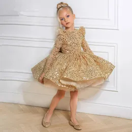 Luxury long sleeves Flower Girl Dress With Beading Crystal For Wedding new gold shiny blingbling Glitz Ball Gowns Train Little Girls Custom Made baby birthday gowns