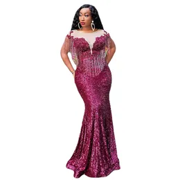 Jeheth Hot Pink Sparkly Speecins Mermaid Dress for Women Sheer Neck Tassel Beads Arabic Prom Gownrobes