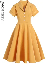 Sukienki solidne biuro retro vintage kobiety huśtają sukienki Linia Odkręć przycisk kołnierza z przodu Rockabilly Flare 50s Sundress