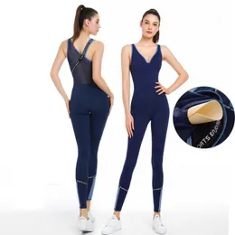 Yoga Roupet de malha de malha de decote em Vacha de retalhos de ginástica feminina feminina de ginástica sem mangas Terno esportivo de ginástica com alça traseira acolchoada Rompers de fitness macacão P230504