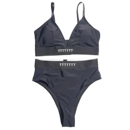 Costume da bagno donna nero con stampa di lettere a vita alta, costume da bagno estivo imbottito con schienale biquinis per le vacanze termali