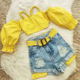 SetsSuits 15 Years Fashion Children Girls Clothes Sets Summer Off Shoulder Plaid Strap Crop Tops Belt Denim Ripped Hole Shorts Outfits 230508