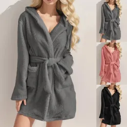 Women's Robe Women S Autumn Winter Plush Nightgown Solid Color Long Sleeve Hooded Sleepwear With Belt Solid Hooded Home Warm Bathrobe Female 231127