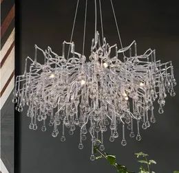 Lampadario di cristallo moderno Ramo rotondo Lampada a sospensione in argento foresta Illuminazione domestica per sala da pranzo Cucina Lampada a sospensione a goccia di pioggia