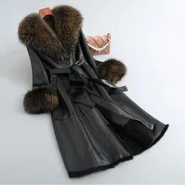 Casacos de inverno femininos de pele falsa com gola de guaxinim real coelho genuíno e jaqueta de couro de pele longo manguito fino outwear 231124