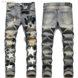 Man trend hög kvalitet jean brev stjärna jean män broderi lapptäcke rippade jeans trend varumärke motorcykel byxa mens mager jeans