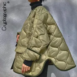 Parkas Cryptographic Designer Autumn Winter Army Green Pufferjackets för kvinnor Casual mode Varmt breasted bomulls quiltade kappfickor