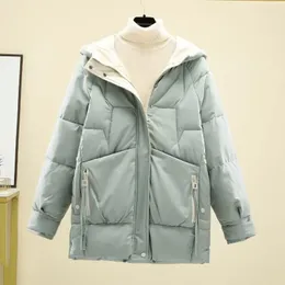 Parka de couro feminino 2022 novas jaquetas de inverno solto grosso quente manga longa zíper algodão acolchoado jaqueta emenda casacos com capuz feminino topos