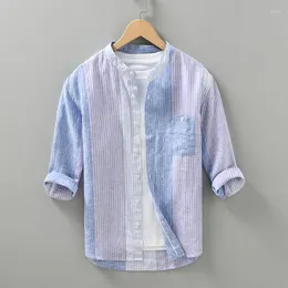 Men's Casual Shirts 2302 Three Quarter Sleeve Stripe Linen Shirt Summer Fashion Premium Natural Breathable Comfortable Loose Blouse Tops