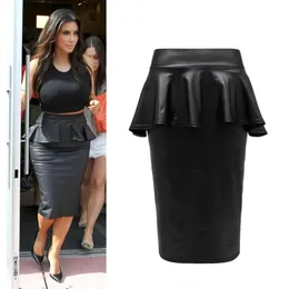 Vestidos 2015 Summer Senhoras Bodycon Bodycon Plus Tamanho Black Faux Leather Ruffles Midi Peplum Pencil Skirt Skirs Skirts Saiias Lapis