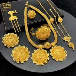 Zestawy biżuterii ślubnej ANIID ETIOPIAN GOLD PLATED 6PCS dla kobiet Dubai Flower Kształt Nigeryjski luksusowy naszyjnik Zestaw biżuterii Prezenty 231124