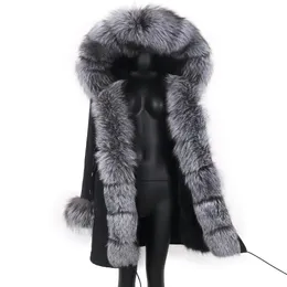 Fur 2022 Fashion Big Fur Outerwear Detachable Winter Jacket Women Real Fur Liner Natural Real Silve Fur Collar Loose Long Parkas