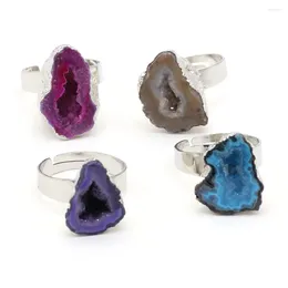 Anelli a grappolo Agate Druzy naturali Filo di colore argento avvolto Irregolare Dito aperto Gioielli di moda per donna Regali per feste