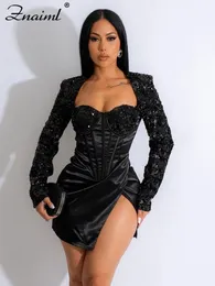 Grundläggande avslappnade klänningar ZNAiml Elegant Evening Party Square Coll Corset Side Slit Slim Kort klänningar Kvinnor Luxury Glitter paljetter Födelsedag Christmas 231127