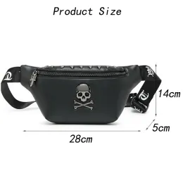 HBP Designer-Hüfttasche für Männer, Bauchtasche, Gürteltasche, Mihaivin Rock Skull Schultertaschen, Gürteltasche, Nieten-Brusttasche, Luxus-Hüfttasche, Damentasche, Punk, schwarzes Leder, Herren-Gürteltaschen, dicky